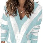 Elapsy Womens Color Block Striped V Neck Sweater Long Sleeve Pullover Knitted Sweater XS-2XL
